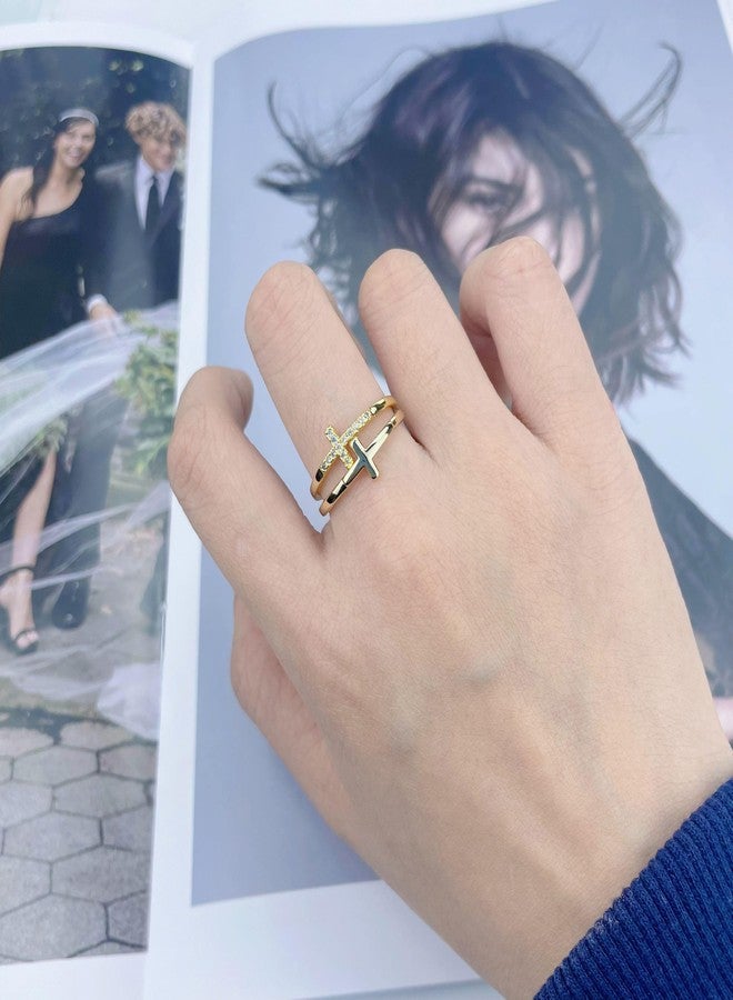 YBMYCM Cross Gold Rings, Dainty Stackable Ring Set 18k Gold Plated Thin Crystal Cross Finger Rings for Women Statement Rings Wedding Bands Rings Size 6-10 - Image 3