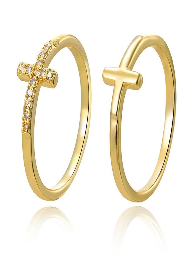 YBMYCM Cross Gold Rings, Dainty Stackable Ring Set 18k Gold Plated Thin Crystal Cross Finger Rings for Women Statement Rings Wedding Bands Rings Size 6-10 - Image 1