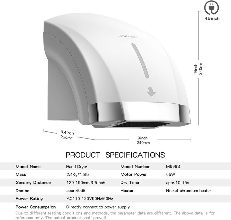 modunful Hand Dryers for Bathrooms Commercial, Electric Hand Dryer Touchless, Extra Quiet Low Noise(40db), Wall Mounted Type(1600) White - Image 2