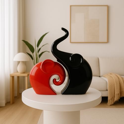 Xtore Home Decor Lucky Charm Elephant Couple | Piano Finish Ceramic Figures- (Set of 2 Piece, Red & Black) - Image 3