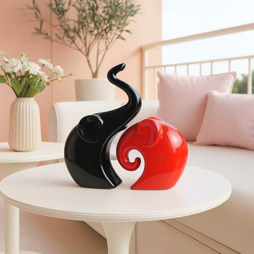 Xtore Home Decor Lucky Charm Elephant Couple | Piano Finish Ceramic Figures- (Set of 2 Piece, Red & Black) - Image 1