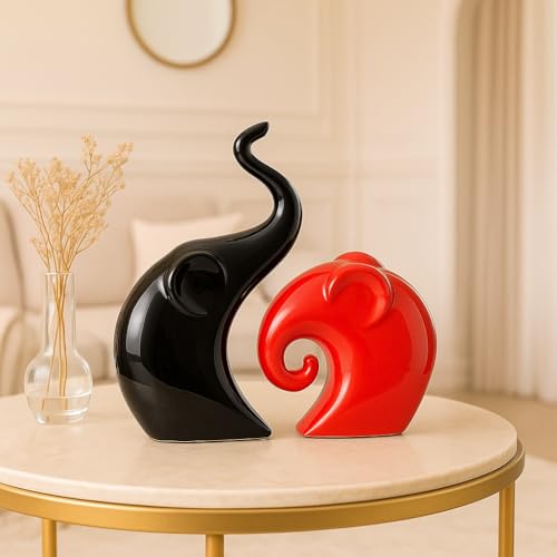Xtore Home Decor Lucky Charm Elephant Couple | Piano Finish Ceramic Figures- (Set of 2 Piece, Red & Black) - Image 2