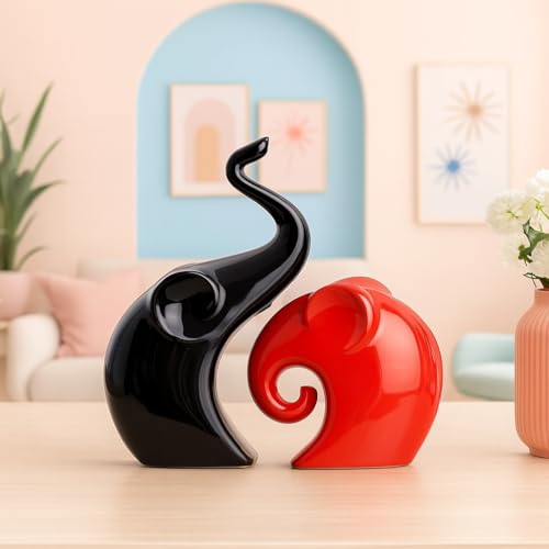Xtore Home Decor Lucky Charm Elephant Couple | Piano Finish Ceramic Figures- (Set of 2 Piece, Red & Black) - Image 5