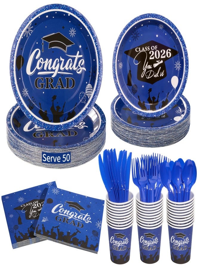 Goodluck Blue 2026 Congrats Grad Disposable Paper Tableware Sets, 350PCS Graduation Party Supplies Includes 9" & 7" Disposable Graduation Paper Plates, 9oz Cups, Napkins & Cutlery for 50 Guests - Image 1
