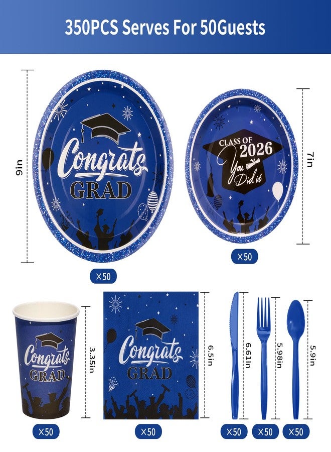 Goodluck Blue 2026 Congrats Grad Disposable Paper Tableware Sets, 350PCS Graduation Party Supplies Includes 9" & 7" Disposable Graduation Paper Plates, 9oz Cups, Napkins & Cutlery for 50 Guests - Image 2