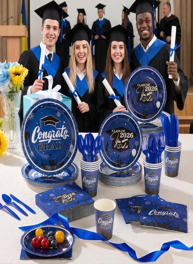 Goodluck Blue 2026 Congrats Grad Disposable Paper Tableware Sets, 350PCS Graduation Party Supplies Includes 9" & 7" Disposable Graduation Paper Plates, 9oz Cups, Napkins & Cutlery for 50 Guests - Image 3