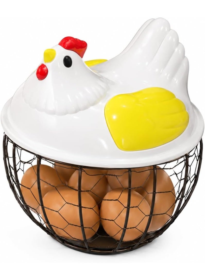 **Chicken-Shaped Egg Storage Basket with Metal Wire Basket – Rustic Egg Organizer Holds 20–25 Eggs with Decorative Chicken Lid – Multi-Purpose Storage for Eggs, Fruits, and Vegetables – Lightweight Kitchen Décor** - Image 1
