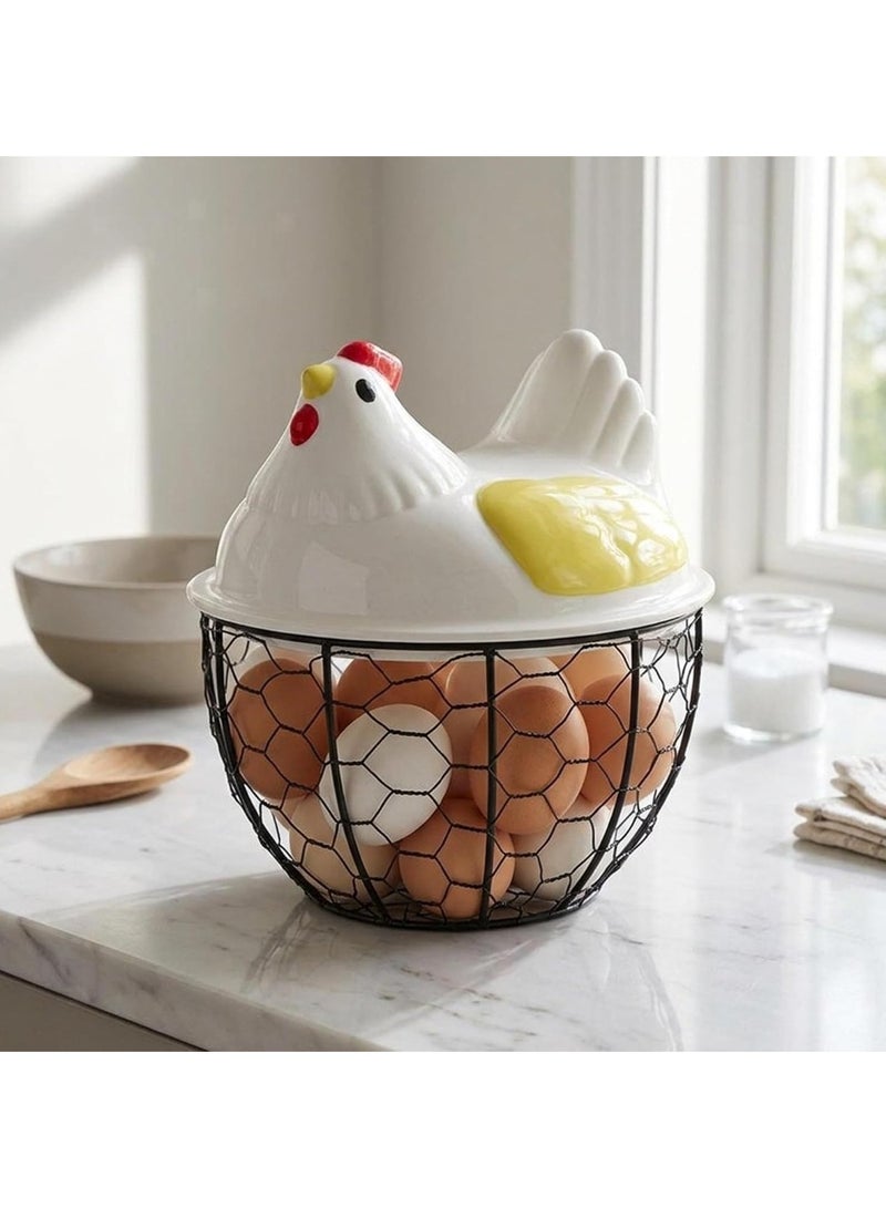 **Chicken-Shaped Egg Storage Basket with Metal Wire Basket – Rustic Egg Organizer Holds 20–25 Eggs with Decorative Chicken Lid – Multi-Purpose Storage for Eggs, Fruits, and Vegetables – Lightweight Kitchen Décor** - Image 2
