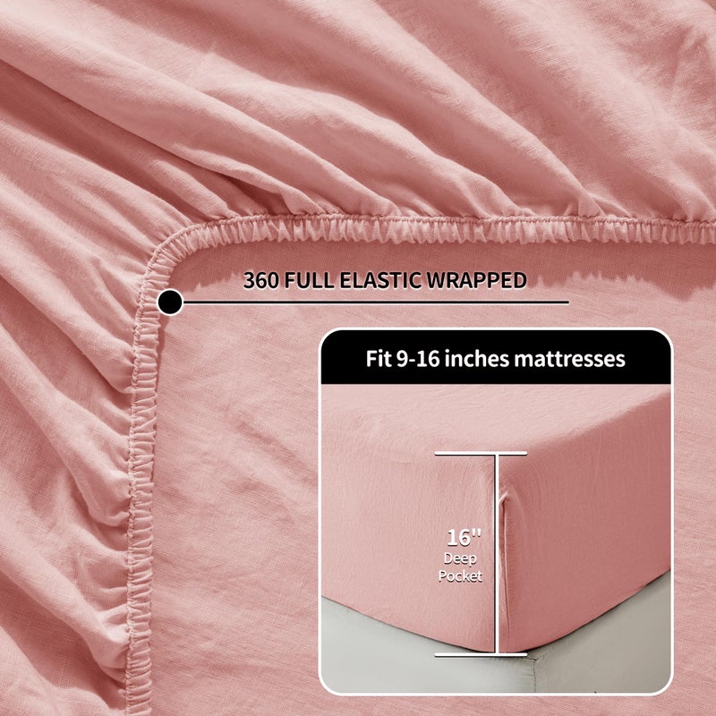 LBRO2M 100% Linen Sheet Set 16" Deep Pocket Queen Size,Bed Sheets 4 Piece Sets,Solid Color Natural Flax Bed Sheets Soft Breathable Bedding, All Season (Queen, Blush Pink) - Image 4