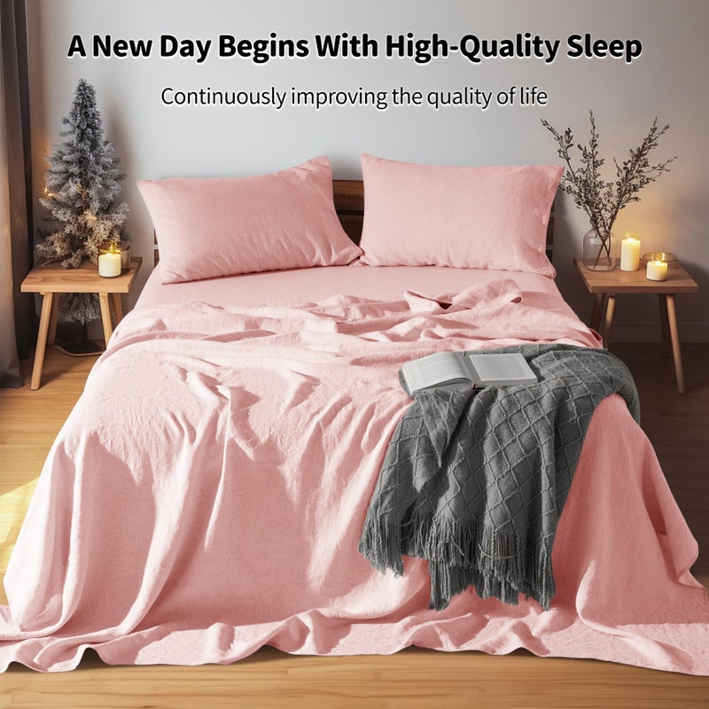 LBRO2M 100% Linen Sheet Set 16" Deep Pocket Queen Size,Bed Sheets 4 Piece Sets,Solid Color Natural Flax Bed Sheets Soft Breathable Bedding, All Season (Queen, Blush Pink) - Image 2
