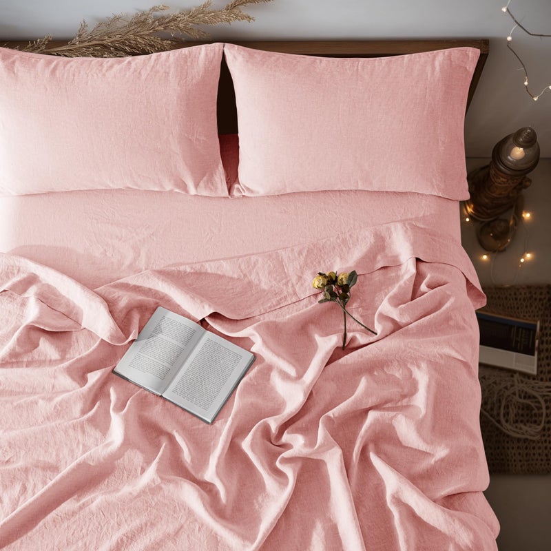 LBRO2M 100% Linen Sheet Set 16" Deep Pocket Queen Size,Bed Sheets 4 Piece Sets,Solid Color Natural Flax Bed Sheets Soft Breathable Bedding, All Season (Queen, Blush Pink) - Image 1