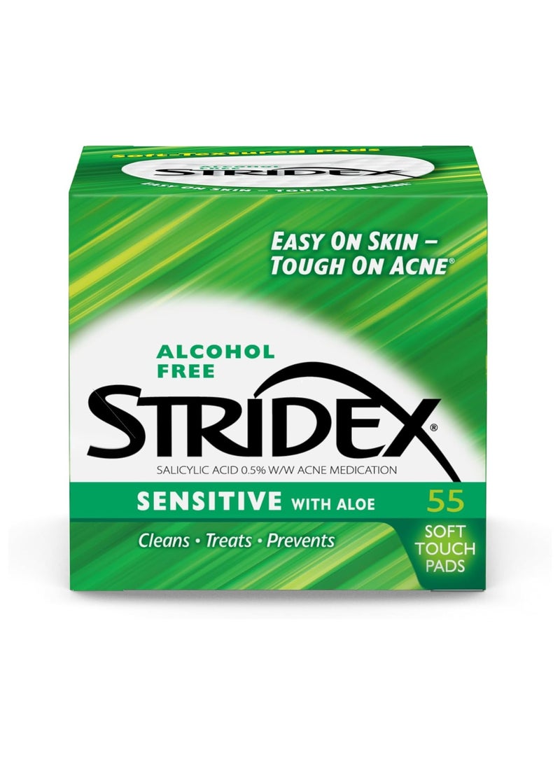 Stridex Medicated Acne Pads, Sensitive, 55 Count – Facial Cleansing Wipes, Alcohol Free Face Treatment, For Mild to Moderate, Smooth Application - Image 1