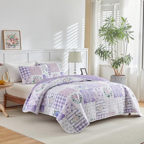 Joyreap 3 Pieces Floral Quilt Set Queen Patchwork Purple n Pink Flowers Design Smooth Soft Microfiber Quilt Bedspread Bed Cover for All Season 1 Quilt and 2 Pillow Shams 90x90 inches - Image 3