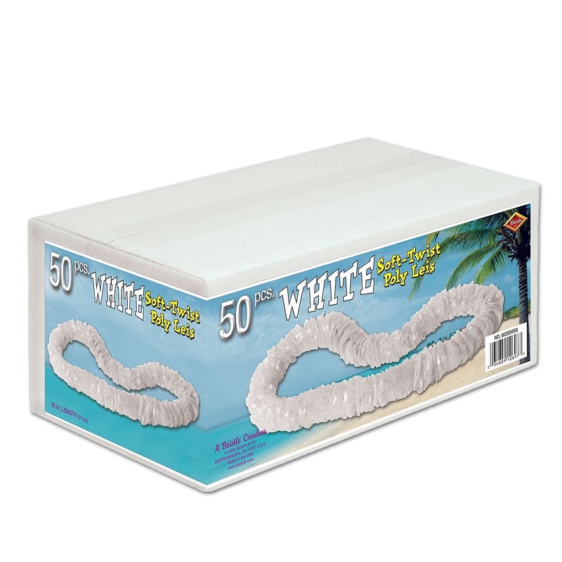 Beistle 1 1/2" x 36" Soft-Twist Poly Lei With Labeled Carton, White (66355W50)