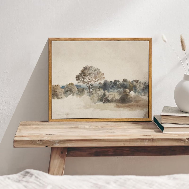 KBKBART Framed Vintage Neutral Wall Art Prints, Antique Rustic Muted Landscape Canvas Painting, Retro Countryside Nature Wilderness Illustrations Farmhouse Decor, Neutral Vintage Decor Ready To Hang - Image 4