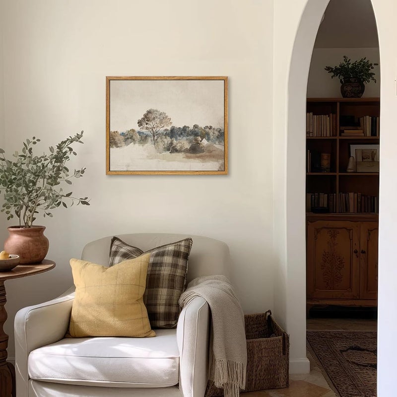 KBKBART Framed Vintage Neutral Wall Art Prints, Antique Rustic Muted Landscape Canvas Painting, Retro Countryside Nature Wilderness Illustrations Farmhouse Decor, Neutral Vintage Decor Ready To Hang - Image 5