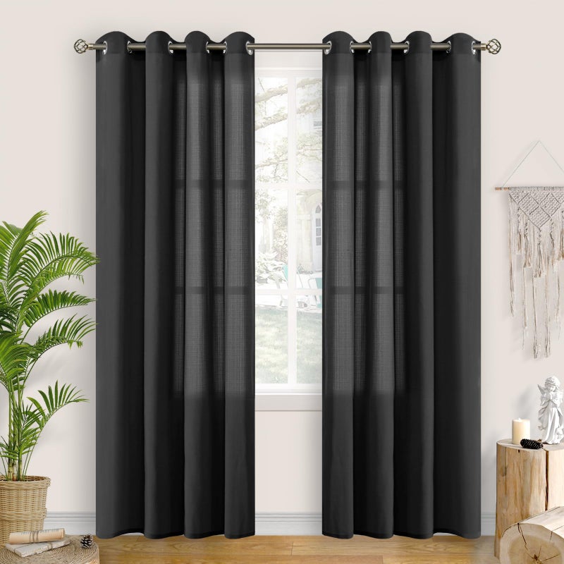 BGment Natural Linen Look Semi Sheer Curtains for Bedroom  Grommet Light Filtering Casual Textured Privacy Curtains for Living Room  2 Panels (Each 52 x 95 Inch  Black) - Image 1