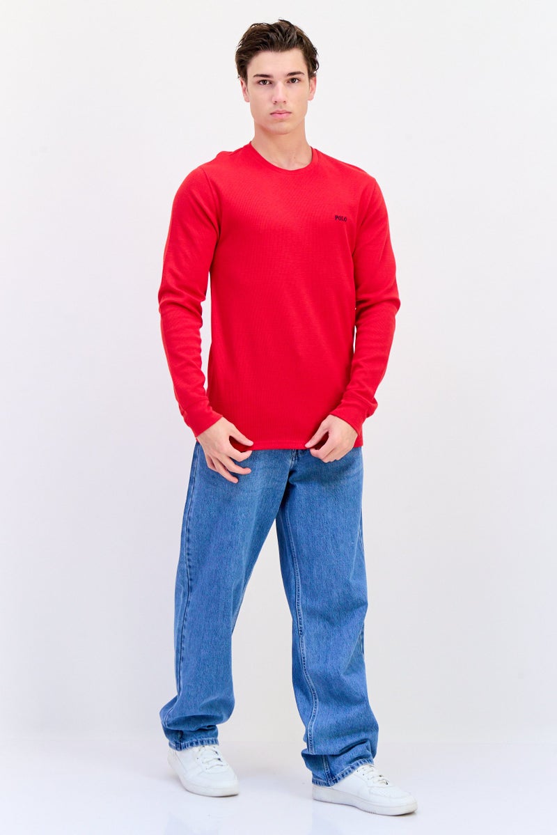 POLO RALPH LAUREN سويت شيرت رجالي بأكمام طويلة وياقة دائرية مع شعار مطرز، أحمر - Image 3