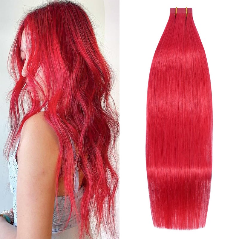 WindTouch Tape in Hair Extensions Human Hair Red Color Straight Sticky Tapes 20 Pcs 14Inch #red 30g - Image 3