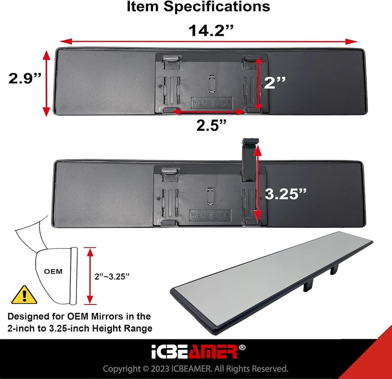 ICBEAMER 14.2" Car Rear View Mirror, HD Clear Tint, Panoramic Wide Angle Flat Surface, 2 Interior Retractable Rubber Clips, Anti Glare, Automotive Accessories Universal for Truck, Car, SUV, 1 Pack - Image 5