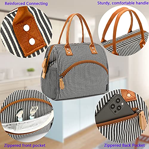 FlowFly Insulated Lunch Bag Wide-Open Lunch Box Large Tote Leakproof Cooler with Drink Holder and Multi Pockets for Women Men Adult Kids Work Picnic Travel Beach Hiking, White Black Stripes - Image 5