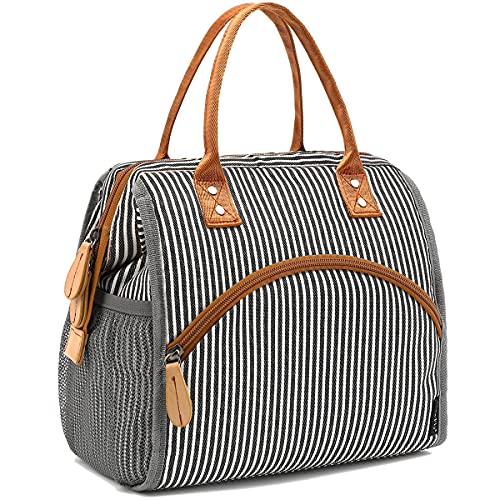 FlowFly Insulated Lunch Bag Wide-Open Lunch Box Large Tote Leakproof Cooler with Drink Holder and Multi Pockets for Women Men Adult Kids Work Picnic Travel Beach Hiking, White Black Stripes - Image 1