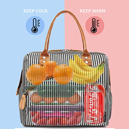 FlowFly Insulated Lunch Bag Wide-Open Lunch Box Large Tote Leakproof Cooler with Drink Holder and Multi Pockets for Women Men Adult Kids Work Picnic Travel Beach Hiking, White Black Stripes - Image 2
