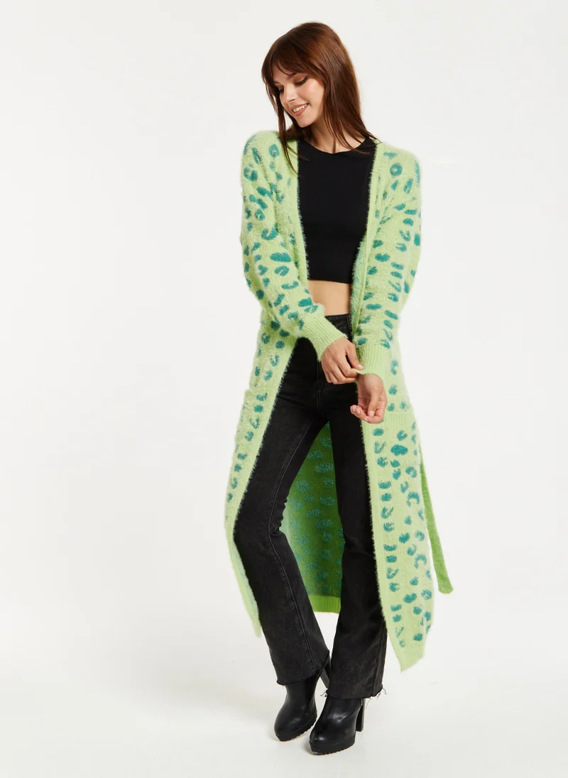 Liquorish Fluffy Longline Cardigan In Animal Print