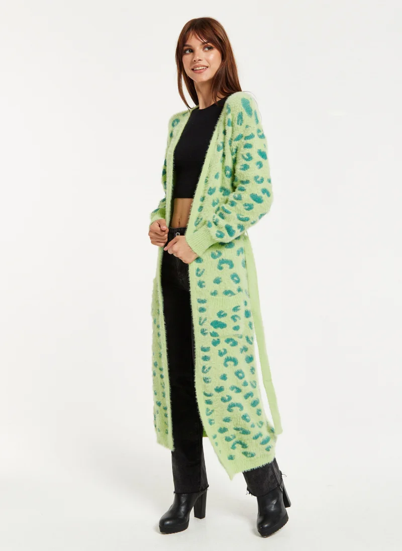 Liquorish Fluffy Longline Cardigan In Animal Print