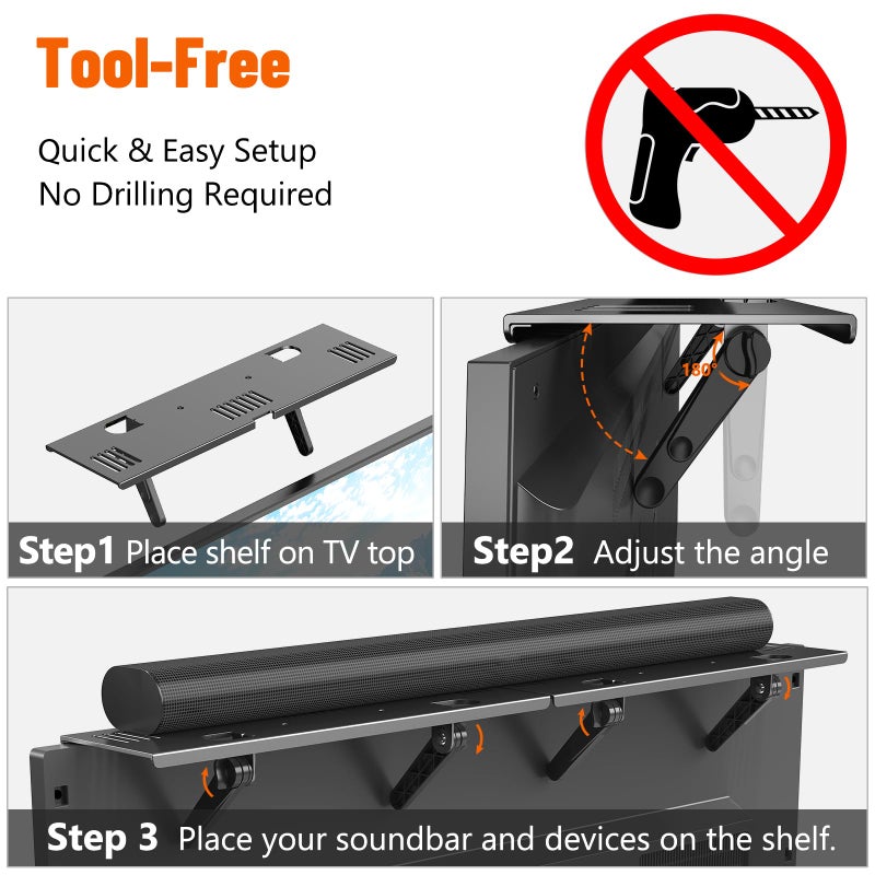 CUISIBOT Soundbar Mount, No Drilling Steel TV Top Shelf Fits Most of Sound Bars Up to 15 Lbs, Universal Sound Bar TV Mount Bracket, Sound Bar Stand Compatible with Samsung, Sony, LG,Bose, 33.8x4.7inch - Image 3