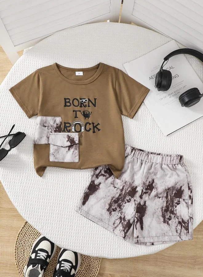 تايك تو Boys Graphic Print Pocket Detail Shirt and Acid Wash Shorts Set