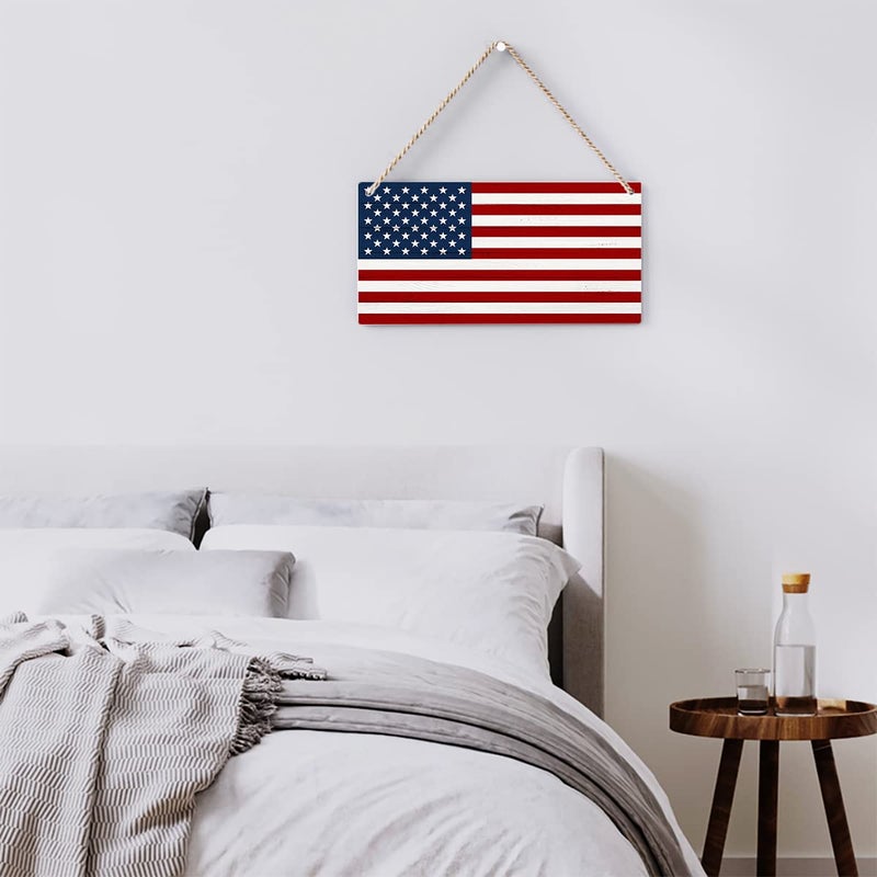BELLOWDEER Rustic American Flag Wood Hanging Sign  Farmhouse Patriotism Artwork Decor  Patriotism American Wooden Plaque Sign Wall Art Decor Signs Summer Home Office Decoration 12x6 Inches - Image 3