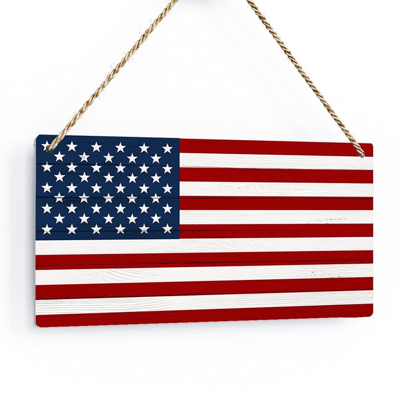 BELLOWDEER Rustic American Flag Wood Hanging Sign  Farmhouse Patriotism Artwork Decor  Patriotism American Wooden Plaque Sign Wall Art Decor Signs Summer Home Office Decoration 12x6 Inches - Image 1