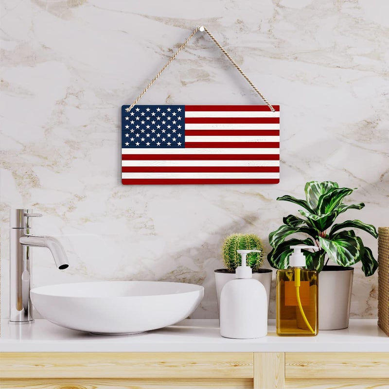 BELLOWDEER Rustic American Flag Wood Hanging Sign  Farmhouse Patriotism Artwork Decor  Patriotism American Wooden Plaque Sign Wall Art Decor Signs Summer Home Office Decoration 12x6 Inches - Image 5