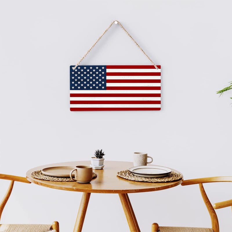 BELLOWDEER Rustic American Flag Wood Hanging Sign  Farmhouse Patriotism Artwork Decor  Patriotism American Wooden Plaque Sign Wall Art Decor Signs Summer Home Office Decoration 12x6 Inches - Image 4
