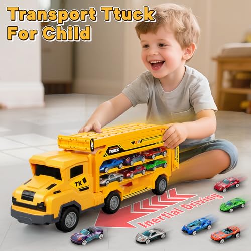 Bstoyder Kids Toys for 3 4 5 6 7 8 Years Old Boys Carrier Truck Transport Car Toys Foldable 2 Layer Car Race Track Playset with 25in Race Track 6 Metal Toy Cars Birthday Toy Gift for ToddlerYellow - Image 5