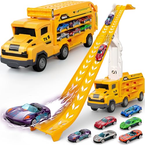 Bstoyder Kids Toys for 3 4 5 6 7 8 Years Old Boys Carrier Truck Transport Car Toys Foldable 2 Layer Car Race Track Playset with 25in Race Track 6 Metal Toy Cars Birthday Toy Gift for ToddlerYellow - Image 1