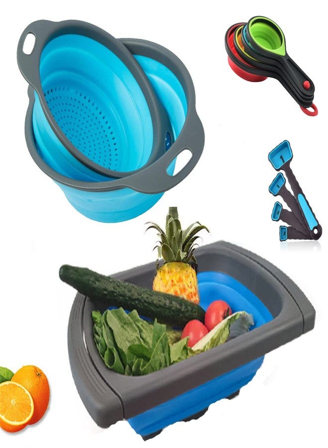 CdyBox New Version 11Pack Silicone Kitchen Strainer Collapsible Colander with Foldable Silicone Measuring Spoon Measuring Cup Kitchen Good Tools (Blue) 9.6 * 1.1 - Image 1