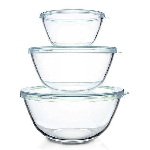Luvan Glass Mixing Bowls with Lids Set(4.5QT, 2.7QT, 1.1QT)-Large Glass Mixing Bowls, Clear Salad Bowl for Baking, Cooking, Serving, Food Prep, 3PC Nesting Bowls for Kitchen Storage & Dishwasher Safe - Image 2