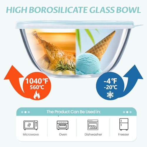 Luvan Glass Mixing Bowls with Lids Set(4.5QT, 2.7QT, 1.1QT)-Large Glass Mixing Bowls, Clear Salad Bowl for Baking, Cooking, Serving, Food Prep, 3PC Nesting Bowls for Kitchen Storage & Dishwasher Safe - Image 4