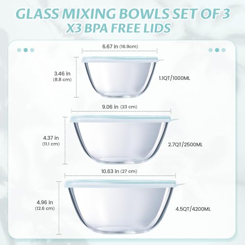 Luvan Glass Mixing Bowls with Lids Set(4.5QT, 2.7QT, 1.1QT)-Large Glass Mixing Bowls, Clear Salad Bowl for Baking, Cooking, Serving, Food Prep, 3PC Nesting Bowls for Kitchen Storage & Dishwasher Safe - Image 3