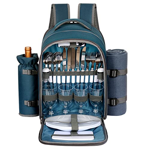 Hap Tim Picnic Basket Backpack for 4 Person with Blanket Wine Holder Cooler Compartment Cutlery Set Couples Gifts Mr Mrs Gifts Bridal Shower Gifts Registry Wedding Registry Blue 3065BL - Image 1