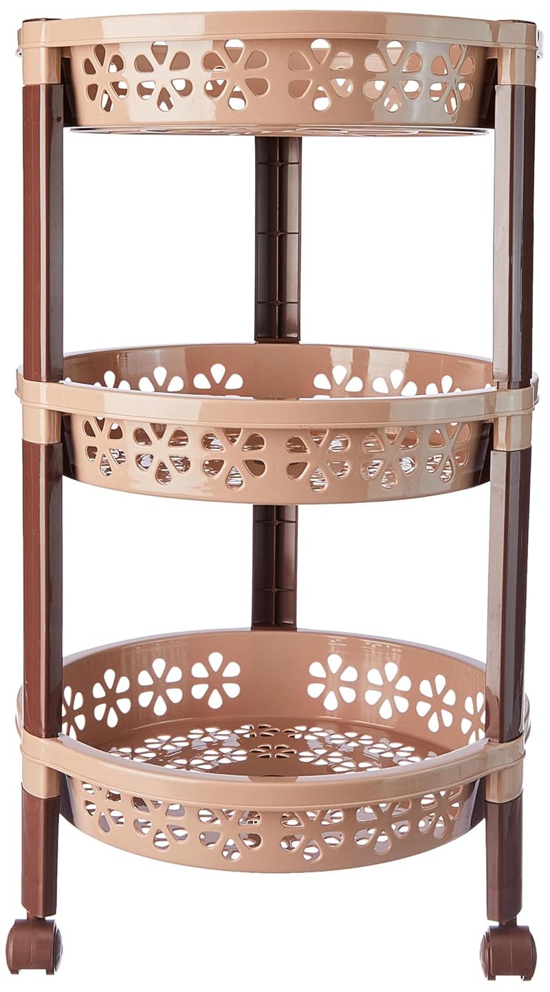 Nayasa Candy Round Trolley 3 Layers Kitchen Organizer Stand for Kitchen Shelf Organizer Vegetable Basket for Onion Potato Vegetable Trolley with Wheel 335 X 335 X 58 cm Beige - Image 1