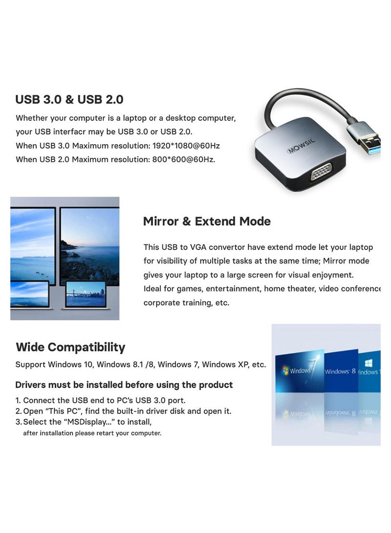 MOWSIL USB to VGA Adapter, 1080P USB 3.0 to VGA Full HD Converter[Aluminium Shell] - Image 4