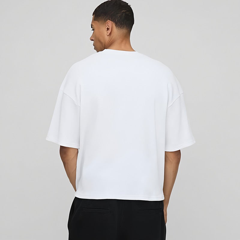 Cross-Border Fitness Short-Sleeved Men''s Pure Cotton Plus Size Dropped Shoulder Sleeves Bottoming Boxy Fit Heavy Round Neck Top T-Shirt - Image 3