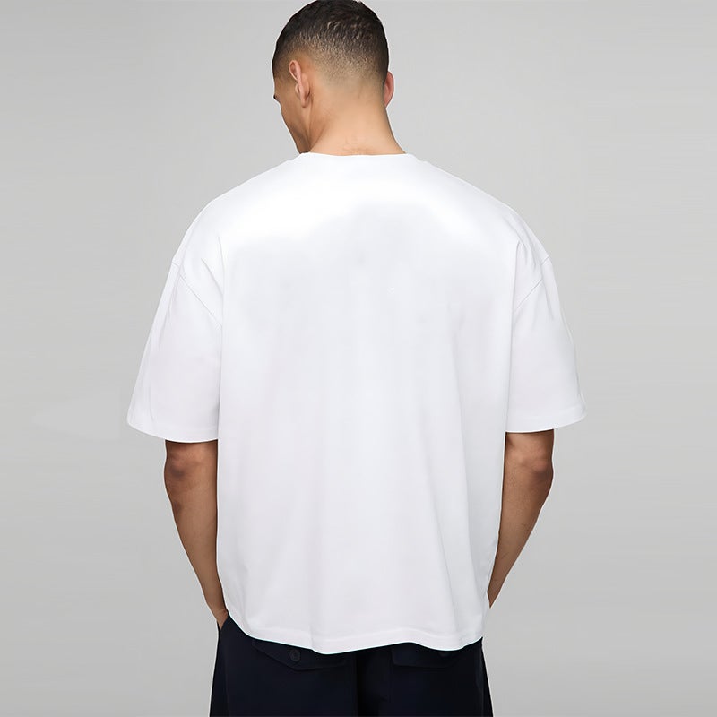 Cross-Border Fitness Short-Sleeved Men''s Pure Cotton Plus Size Dropped Shoulder Sleeves Bottoming Boxy Fit Heavy Round Neck Top T-Shirt - Image 4