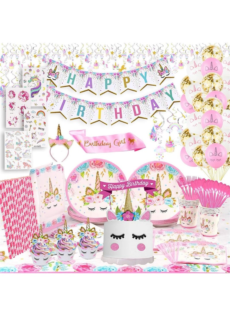 RFAQK Unicorn Birthday Decorations  Unicorn Party Decorations for Girls Birthday Serves 16 Includes Happy Birthday BannerNapkinsCake TopperHeadbandSash  Large Tablecloth for Creating Themed Party 