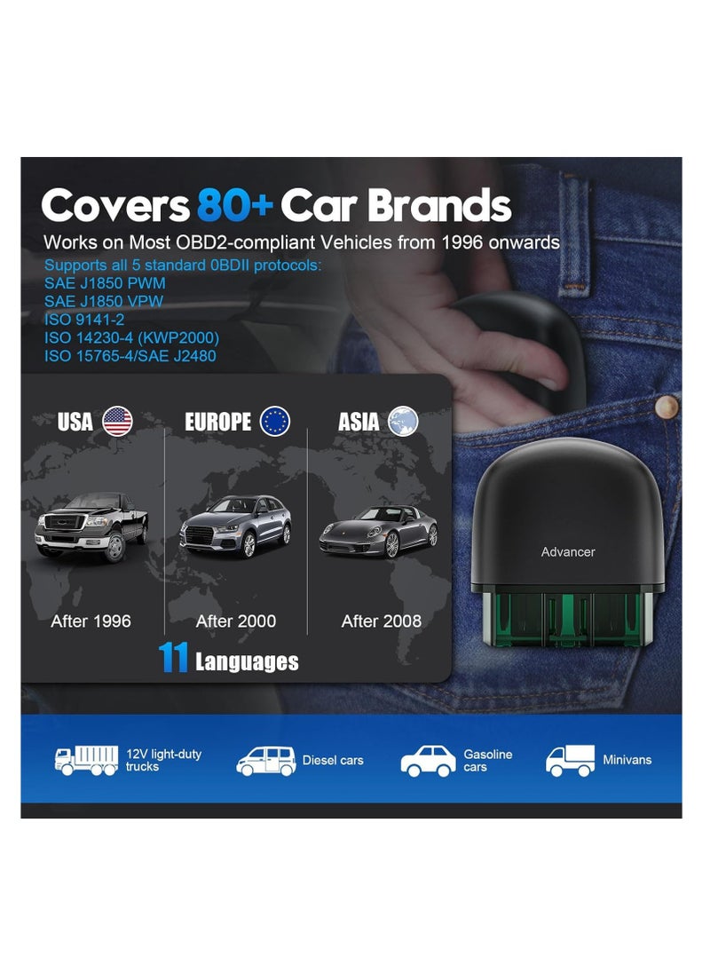 SYOSI - Advancer AD20 Pro Wireless OBD2 Scanner Diagnostic Tool - Compatible with iPhone & Android - Enhanced Car Code Reader - All System Scan, Oil Reset, CEL Turn Off, Performance and Voltage Test - Image 1