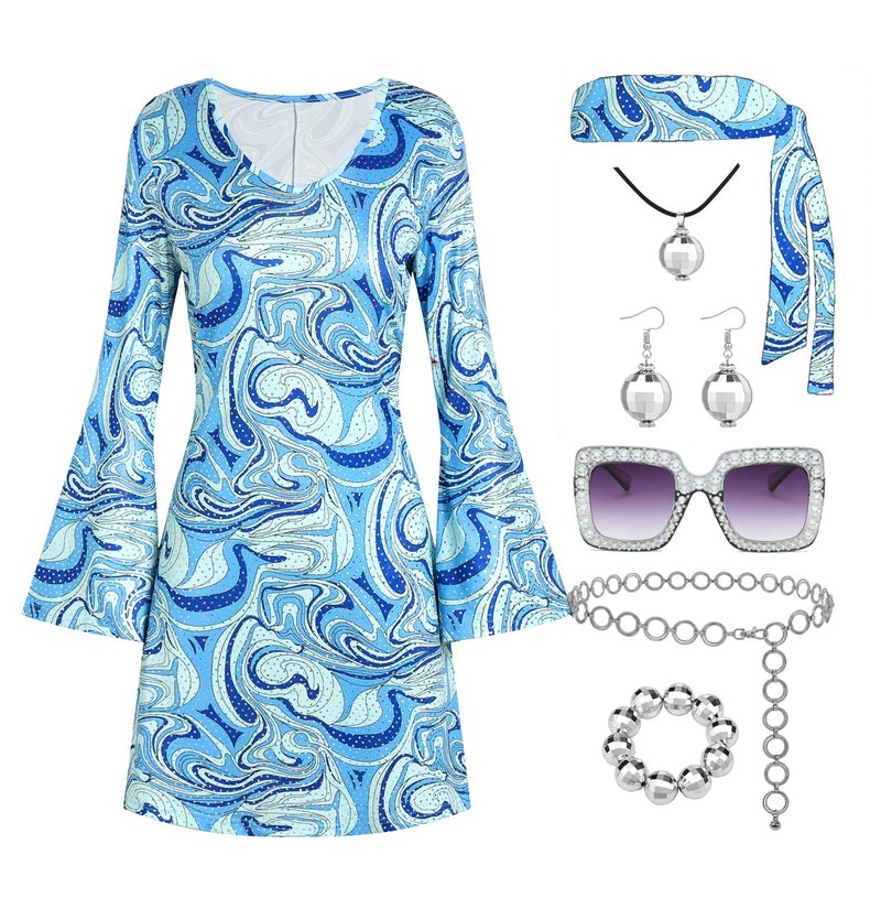 Deerjoke 70s Disco Outfit Women, 7 PCS 70's Disco Dress Costume Hippie Clothes Accessories Jewelry Halloween (Blue, Medium) - Image 1