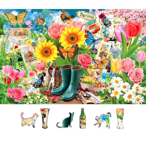 MINIWAN Spring Garden Butterfly 500 Piece Jigsaw Puzzle for Adults Vintage Colorful Flower Art Tulips Sunflowers Puzzle with Letters on Back Fun Family Challenging Games Gift for Seniors 23x15 - Image 1